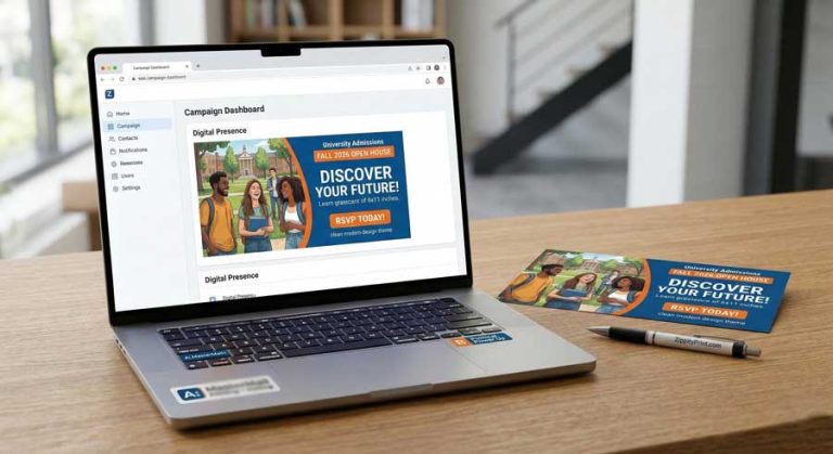 A laptop showing a digital ad campaign next to a matching physical postcard, illustrating a synchronized multi-channel marketing strategy.