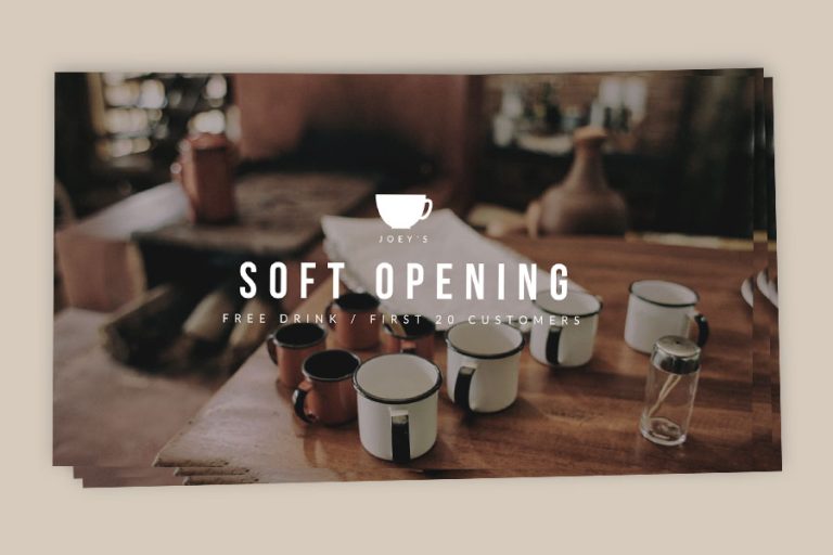Custom coffee shop 'Soft Opening' postcard used in a direct mail marketing strategy to increase mailer response rates.