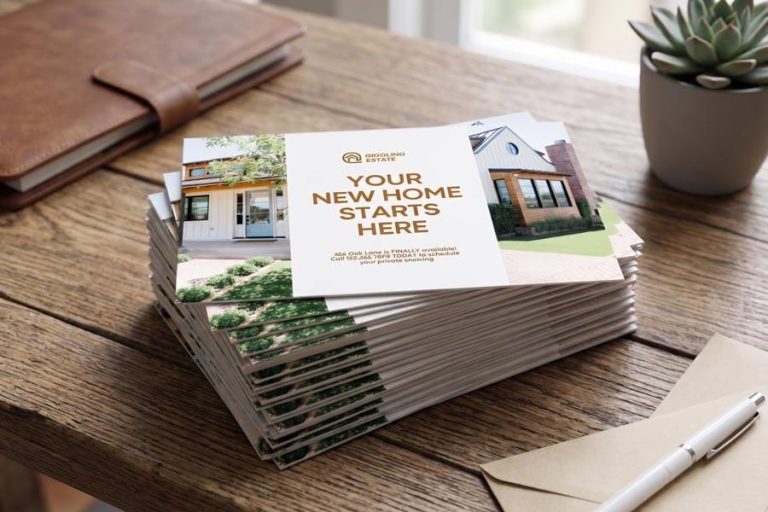 A stack of oversized real estate postcards demonstrating the white space design strategy on a work table