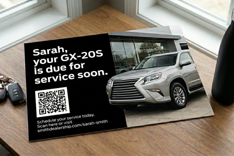 A marketing postcard personalized with a recipient's name (Sarah) and vehicle model (GX-20S) for an oil change reminder, demonstrating a high-conversion Variable Data Printing strategy.