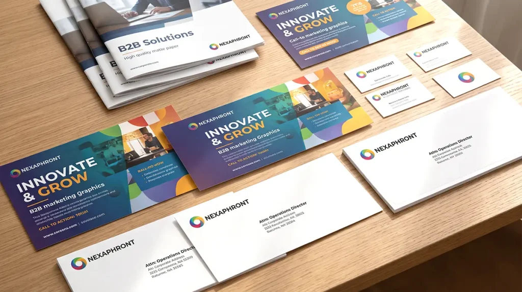 A collection of high-quality B2B print marketing materials, including brochures, oversized postcards, business cards, and branded #10 envelopes arranged on a wooden desk.