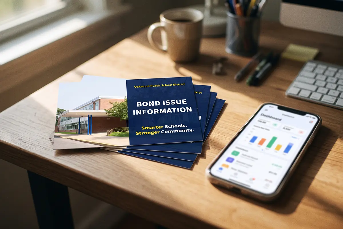 An informational school levy direct mail postcard on a desk next to a smartphone showing a digital tracking dashboard.